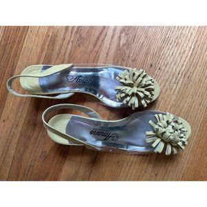 Vintage 60s Pale Yellow Mini Wedge Heel Slingback Peep-Toe Shoes with Clear Side